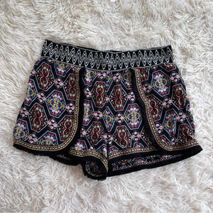 Umgee Shorts Boho Black Print Lined Soft Embellished Trim elastic Waistband SZ S